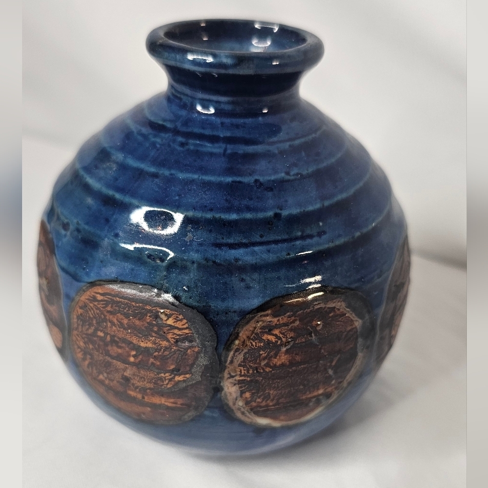 Otagiri OMC Japan Miniature Bud Vase Blue Brown Glazed Gold Sticker Vintage - Picture 4 of 9